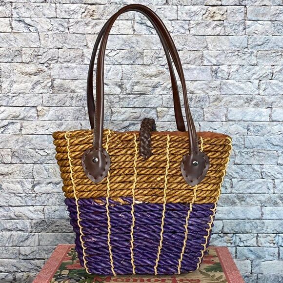 Vintage Straw Tote Bag Dual Handle Fully Lined Inside Pocket Smaller Size - Picture 4 of 7